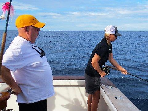 Wanda Hair Taylor catching her first Blue Marlin on Fly, with Jake Jordan August 2017 aboard the vessel "Dragin Fly"